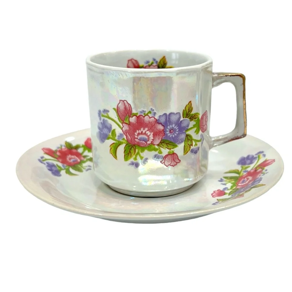 1970s WAHBEH OF CHINA LUSTERWARE PINK & PURPLE FLORAL CUPS & SAUCERS - SET OF 6